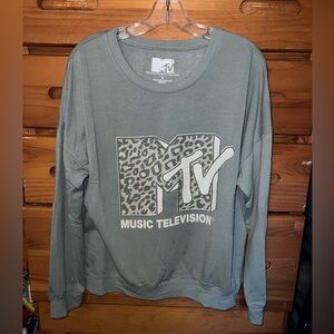 MTV Green Leopard Print Logo Pullover Large